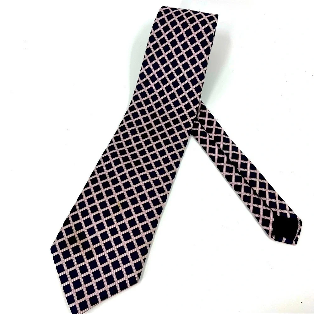 Brooks Brothers 346 Mens Silk Tie Navy Blue Pink White Grid‎ Check Pattern USA